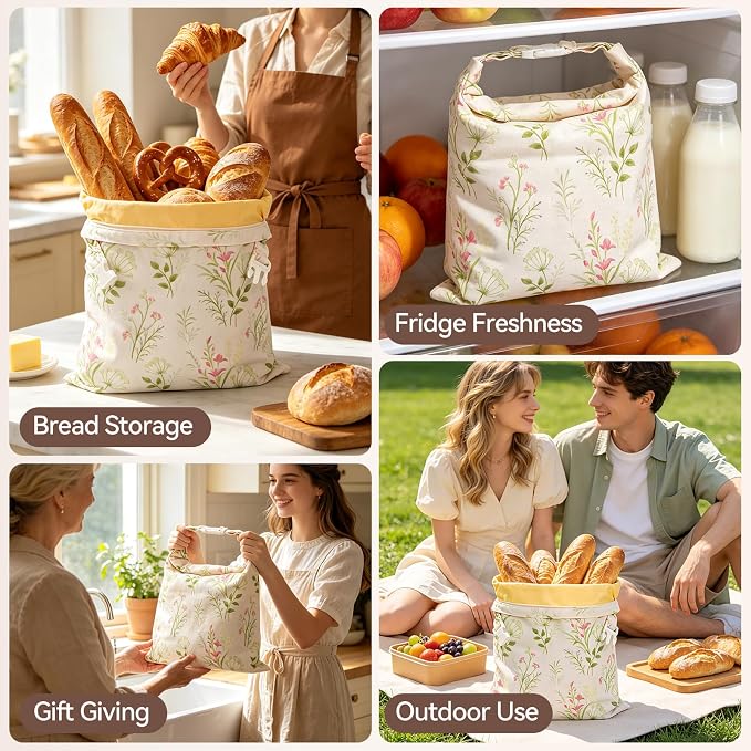 2 Pack Beeswax Bread Bags for Sourdough, Reusable XL Zipper Cotton-Linen Bread Bags for Homemade Bread, Keep Fresh Longer for Bakery, Loaves, Pastry (2, Colorful Flowers)