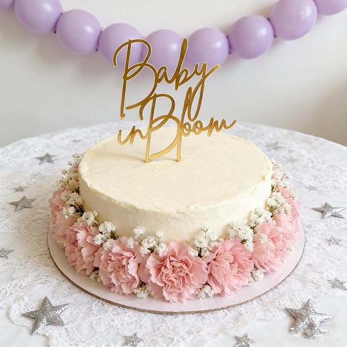 Baby in Bloom Gold Cake Topper,Acrylic Baby shower Cake Side Decorations, Gender Reveal Pregnancy Announcement/Birth Announcement/Welcome Baby Decorative Party Supplies