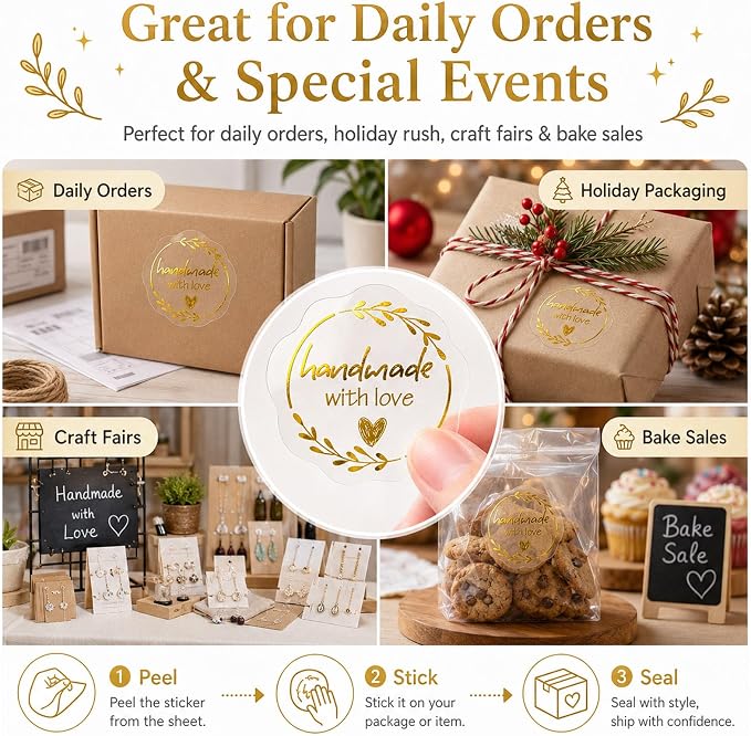 Handmade with Love Gold Foil Stickers, Pack of 100 Embossed Matte Gold Seals for Bakery Packaging, Treat Bags, Pastry Boxes, Small Business Thank You Labels for Gift Wrapping, 1.7 Inch (Clear Gold)