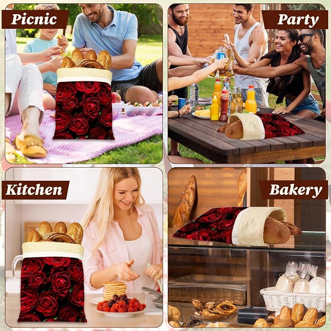 Beeswax Bread Bags, 2 Pack for Homemade Bread and Sourdough Storage | Red Rose Flower, Reusable Polyester Bread Storage With Beeswax Coating And Snap Closures