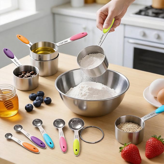 10Pcs Stainless Steel Measuring Cups & Spoons Set, Non-Slip