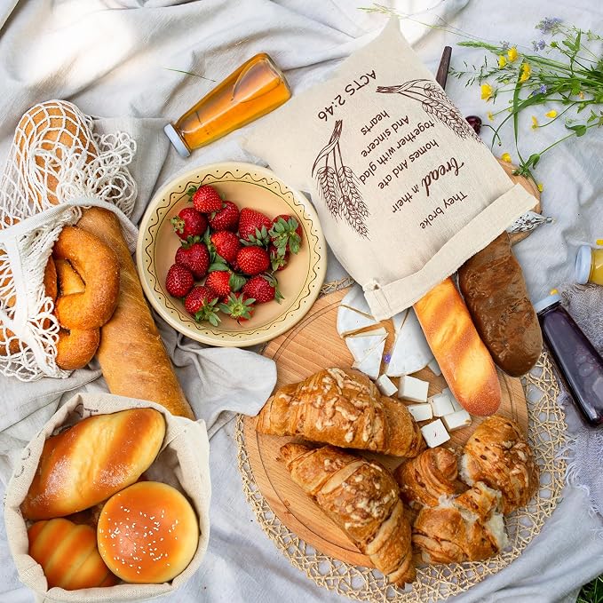 Vesici 8 Pcs Scripture Linen Bread Bag for Homemade Sourdough Bread 12" x 15" Reusable Drawstring Storage Bags Large Unbleached Food Storage Container to Keep Fresh for Bakery Home
