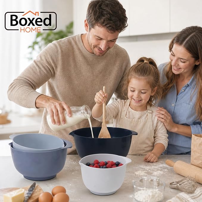 BoxedHome Nesting Plastic Mixing Bowl Set With Pour Spout, Microwave and Dishwasher Safe, BPA free Non-Slip Base, Set of 4 Size 1.7, 2.5, 3.5 and 4.5qt, Great for Prepping, Baking, Cooking (Haze Blue)