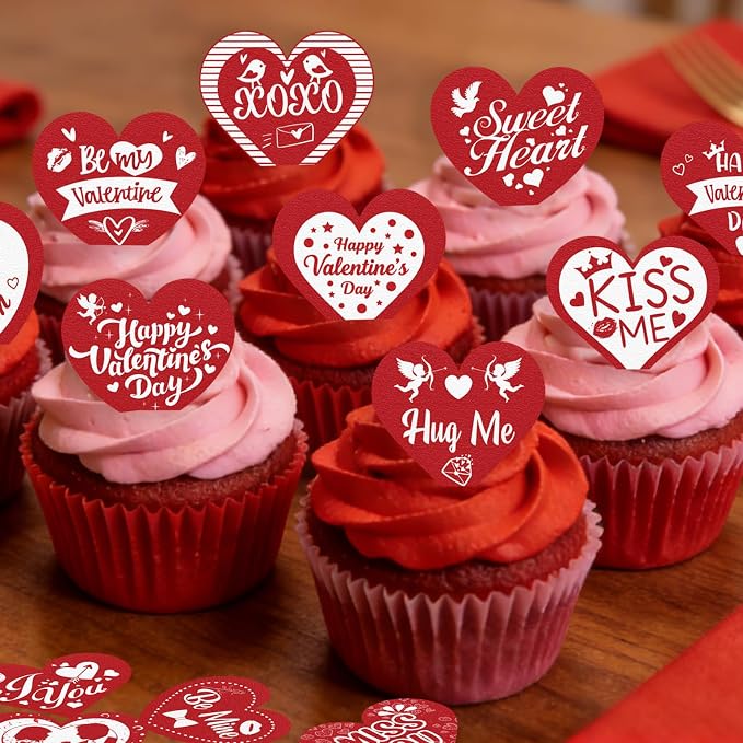 70PCS Edible Heart Cupcake Toppers Wafer Paper Red Sweet Love Be Mine Kiss Me Heart Cupcake Picks Valentine’s Cake Decor for Valentine's Day Theme Wedding Party Supplies
