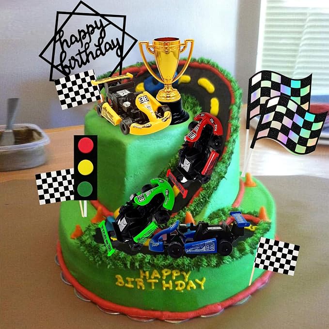 Racing Car Cake Decoration Car Cake Topper Happy birthday Card Inserted for Racing Theme Birthday Supplies Race Car Party Favors