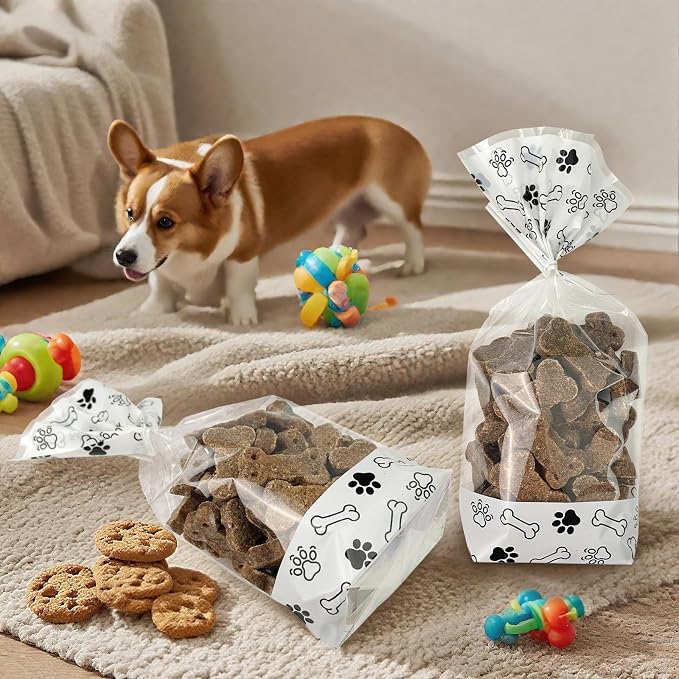EKAPACKAGING 25 Pack 4.3x8.3 Inch Clear Paw Print Dog Treat Bags with Twist Ties Flat Bottom Cellophane Goodie Bags for Pet Party Favors Birthday Gifts Retail Packaging Homemade Treats