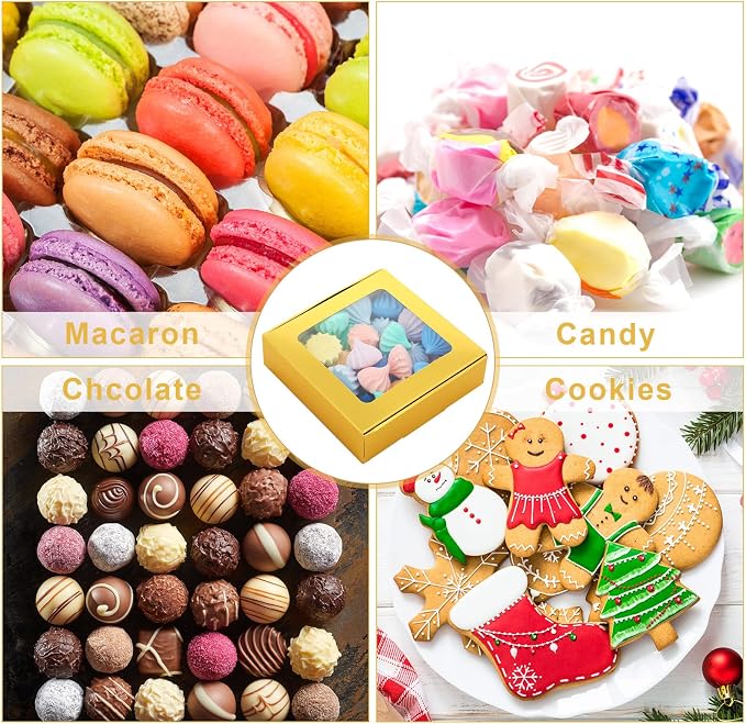 Zonon 30 Pcs Kraft Paper Boxes with Window 4.13 x 4.13 x 1.18 Inch Candy Packaging, Small Gift Boxes, Soap holder, Mini Treat Packaging for Bakery Chocolate Jewelry Display (Gold)
