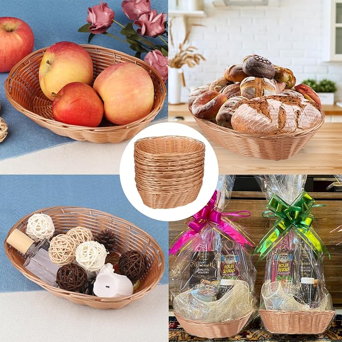 30 Pack Oval Poly Wicker Basket, 9 x 6 x 2.6 Inch Poly Wicker Bread Baskets, Medium Size Gift Baskets for Kitchen, Christmas Gifts, Centerpiece Display, Storing Bread, Fruits, Vegetables, by GNIEMCKIN