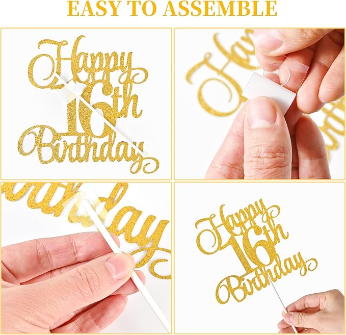 16th Birthday Cake Decorations, 16th Birthday Candles Cake Numeral Candles and Glitter Happy 16th Birthday Cake Toppers Set for Birthday Party Supplies (Golden)