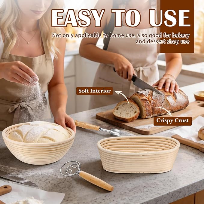 P&P CHEF Sourdough Bread Baking Supplies, 9” Round & 10” Oval Sourdough Proofing Baskets Starter Kit, Bread Making Tool Set with Cloth Liner Bread Lame Scraper Brush Dough Whisk