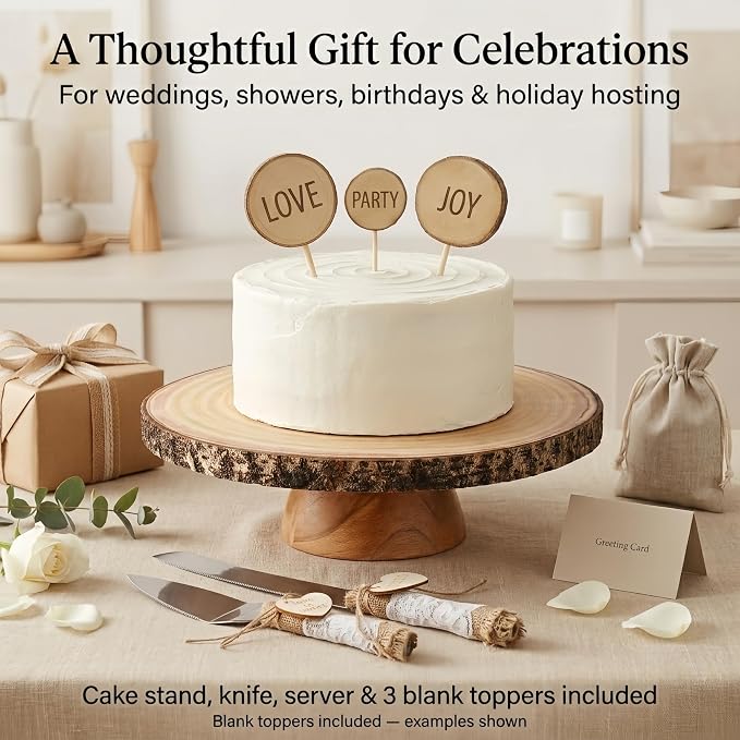 Relaxing Garden 12 Inch Bark Edge Wood Cake Stand Set with Toppers | Sealed 12 in bark-edge wood stand with knife, server and 3 write-on toppers for wedding, birthday and shower cakes