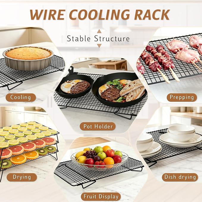 Stackable Cooling Racks 3-Tier 17x11in with 100 Parchment Papers | Heavy duty wire baking rack for cookies, cake, pizza & bacon. Collapsible for storage. Includes 4x4in non-stick sheets.
