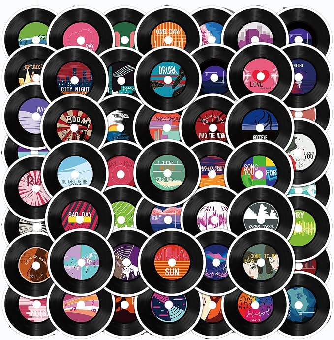 Vintage CD Stickers, 50pcs Colorful Aesthetic Music Label Decor Stickers Black Record Cutouts for Wall Collage Scrapbooking Journal Laptop Water Bottles Music Themed Party Decorations