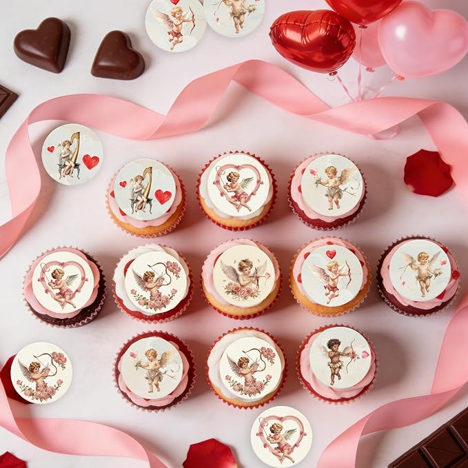 36PCS Edible Valentine Cupid Cupcake Toppers Wafer Paper Love Cupid Cupcake Picks Be My Valentine Cake Decor for Valentine's Day Theme Engagement Party Decor Supplies