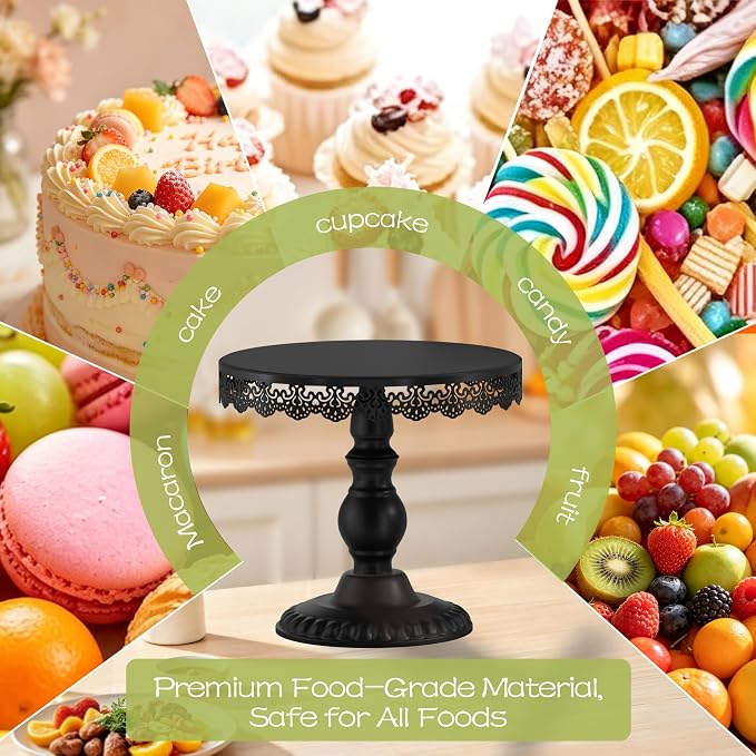 3 PCS Black Cake Stands (8"&10"&12" Plate), Cupcake Stand with a lace Hollow Border Metal Cake Stand Set for Birthday Party, Wedding, Anniversary, Baby Shower