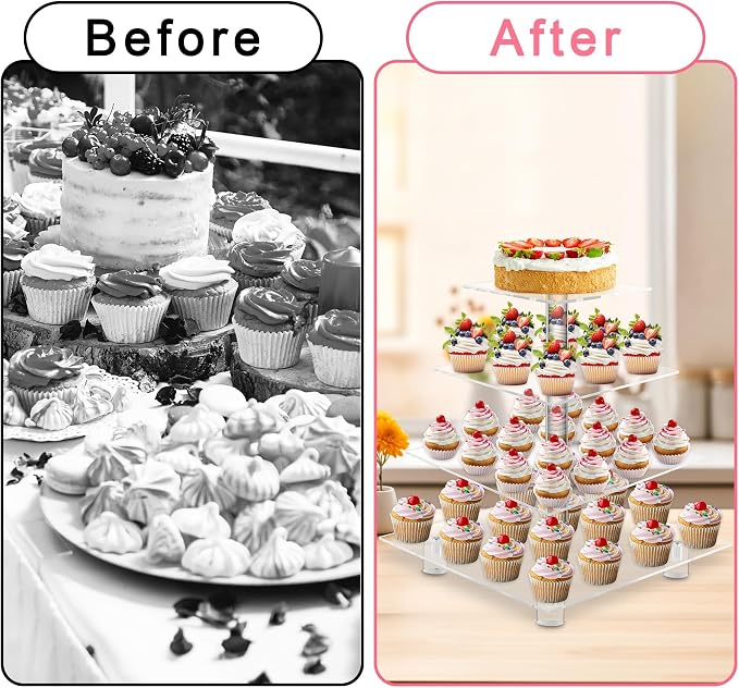 weddingwish Acrylic Cupcake Stand, 4 Tier Square Cupcake Display Stand with Base, Clear Cupcake Tower for Dessert Table,Wedding, Party, Baby Shower