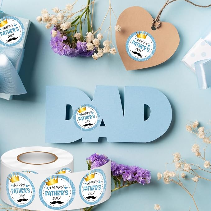 Louise Maelys 500PCS Father’s Day Stickers 1.5inch Round Happy Father's Day Labels with Gold Crown Mustache Design for Gift Wrapping, Cards, Envelopes