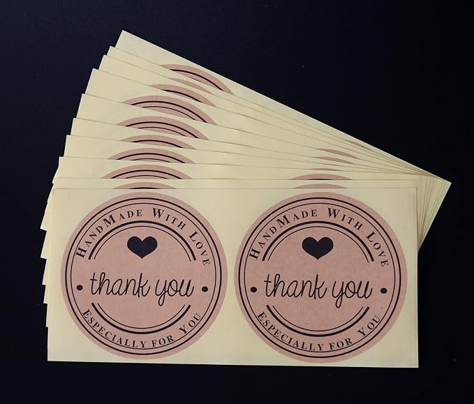 100pcs 3" Large Thank You Sticker Hand Made with Love Kraft Paper Sticker Sheet Label for Cookies Favor Bags