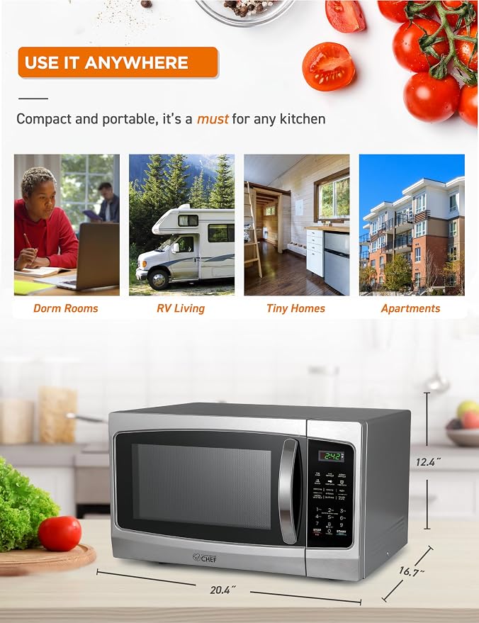 COMMERCIAL CHEF Microwave 1.3 Cu Ft with 10 Power Levels, Microwave with Pull Handle Door Lock, 1000W Countertop Microwave with Timer and Digital Controls, Stainless Steel