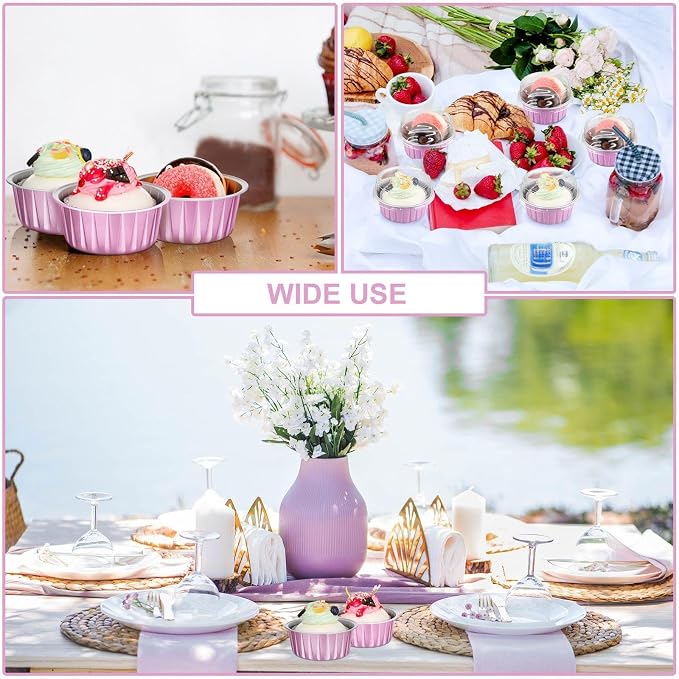 200 Pack Aluminum Foil Cupcake Liners with Lids, 5 oz Round Baking Cup, Disposable Ramekin Container for Graduation Wedding Independence Day Party(Pink,Plain)