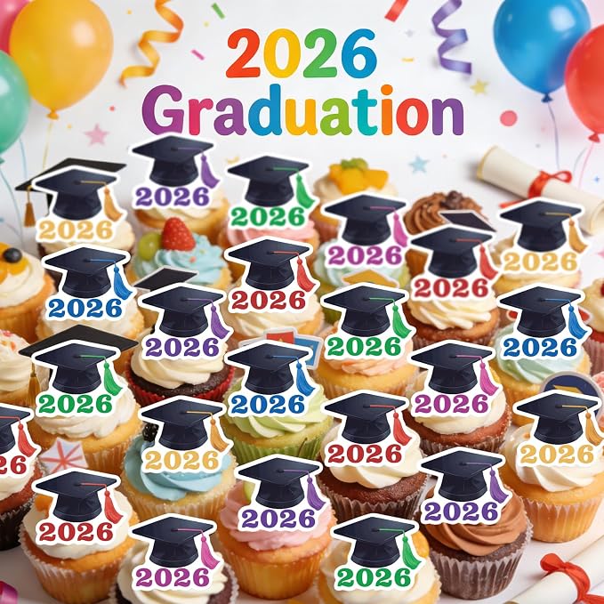 42PCS Edible Graduation Cap Cupcake Toppers Wafer Paper Class of 2026 Cake Decorations Edible Grad Cap Cupcake Picks for 2026 Graduation Theme Party Cake Decor Supplies (multi)