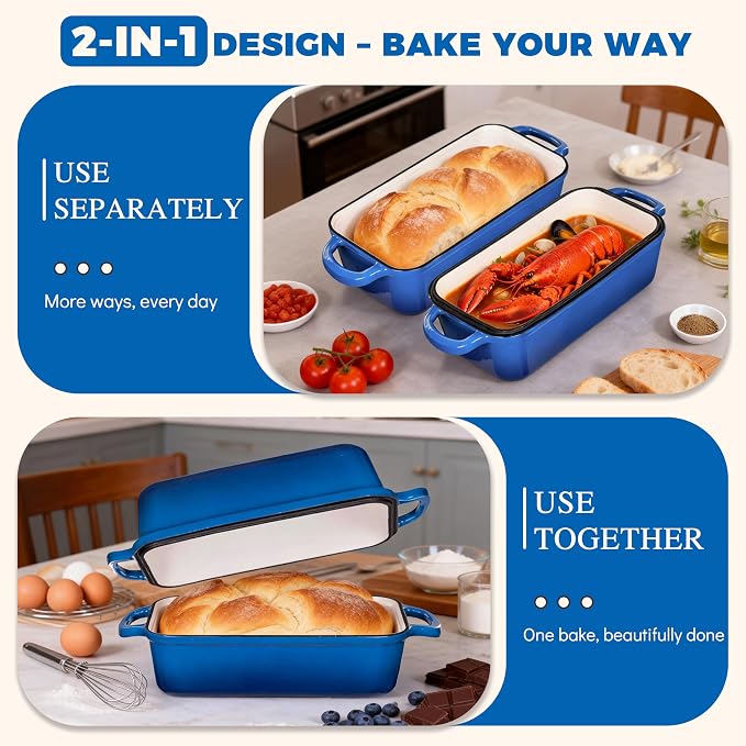 11x5 Inch Cast Iron Loaf Pan with Lid, Large Loaf Pans for Sourdough Bread Baking, Even Heat Distribution Loaf Dutch Oven for Homemade Bread, Meatloaf (5.8Qt, Marseille)