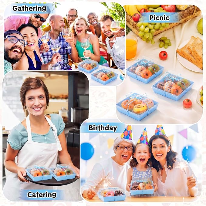 Jetec 50 Pack Charcuterie Boxes with Clear Lids and Rope 4 Inches Cake Disposable Square Dessert Food Box Containers with Lids for Bakery Macaron Cookies Strawberries Fruits Display (Blue)