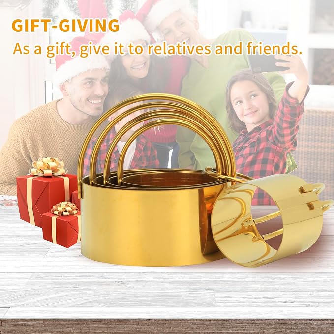 Snailhouse Round Biscuit Cutters with Handle, 5 Pieces Stainless Steel Circle Round Cookie Biscuit Flan Cutter Shaper Set for Baking, Gold