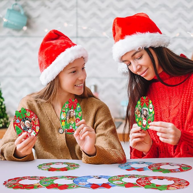 Dianelhall 24 Sets Christmas Picture Frame Craft Kit Xmas Wreath Photo Crafts Christmas Picture Frames Gift with Santa Stickers for Classroom Xmas Holiday Party Activities(Colorful Wreath)