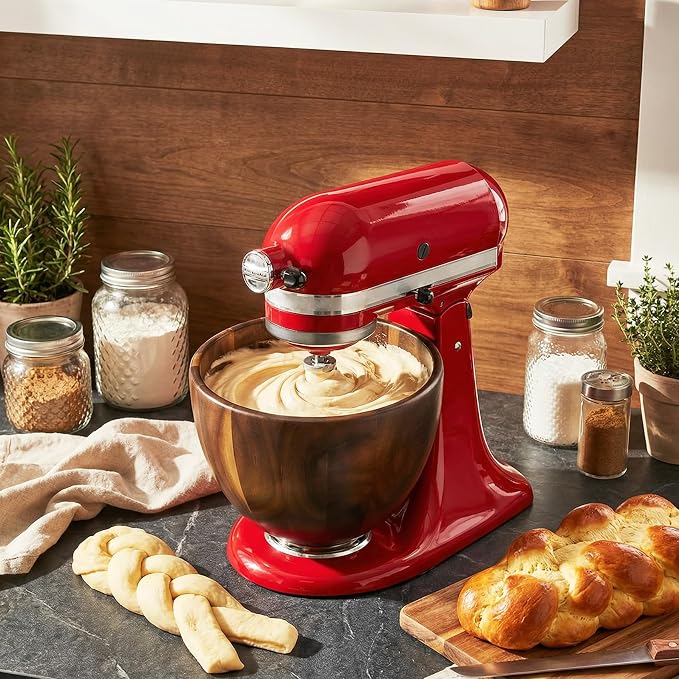 Premium Walnut Wood Mixing Bowl Compatible with KitchenAid 4.5 & 5 QT Tilt-Head Models, Handmade Natural Walnut Wooden Bowl with Stainless Steel Locking Base | 5QT