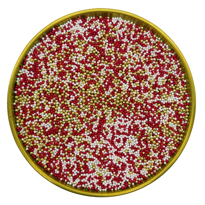 Dynastang 2mm Red & White & Super Gold Pearls Sprinkles Edible Pearls Cake Decorating Stars Cake Decorations Cupcake Toppers Cookie Decorating Perfect for Cakes, Cupcakes, Desserts Toppings 3OZ