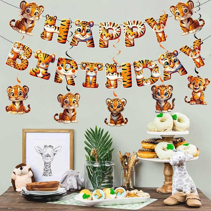 Zwiebeco Tiger Happy Birthday Party Decoration Banner Bunting Garland Hanging Paper Swirls Kit for Safari Wild One Woodland Jungle Theme Baby Shower Accessories Supplies