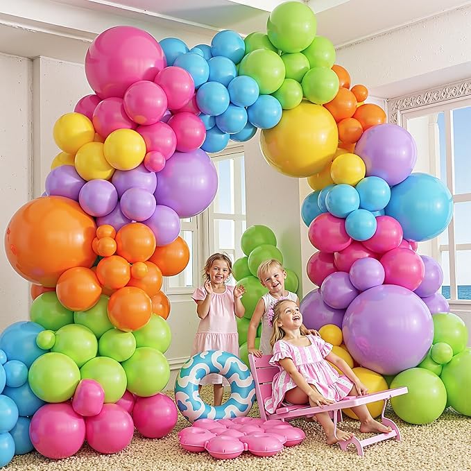412pcs Summer Tropical Balloon Arch Garland Kit, Different Sizes 18 12 10 5inch Rainbow Hot Pink Green Orange Blue Purple Balloons for Hawaiian Luau Aloha Baby Shower Birthday Party Decorations