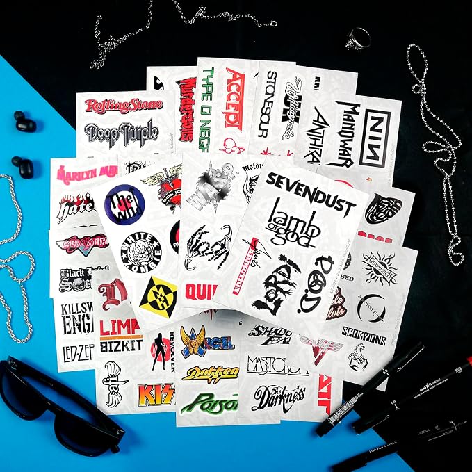100Pcs Classic Rock Stickers, Rock and Roll Stickers, Rockabilly Band Decals, Classic Rockabilly Gifts, Waterproof Decals, Guitar Emblems, Music Emblems, Gifts for Women & Men