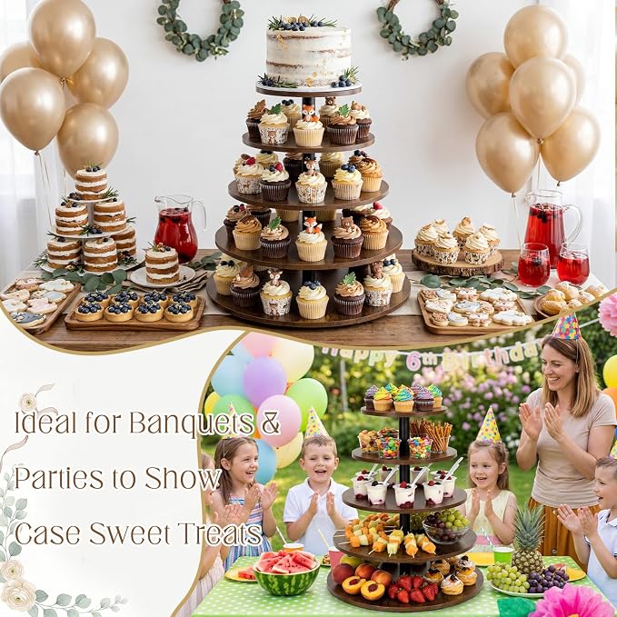 Funnymoom 5 Tier Large Round Cupcake Stand for 100 Cupcake Rustic Cupcakes Tower 360° Rotatable Wooden Cupcakes Holder Table Display Dessert Stand for Birthday Graduation Baby Shower Wedding 20.9''