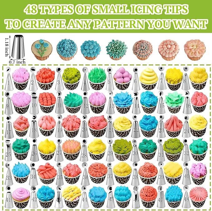 Hendiy Piping Tips Set, 48 Cake Decorating Tip | Stainless Steel, Frosting Piping Kit, Small Frosting Icing Tips, For Cupcakes, Cake, Cookie