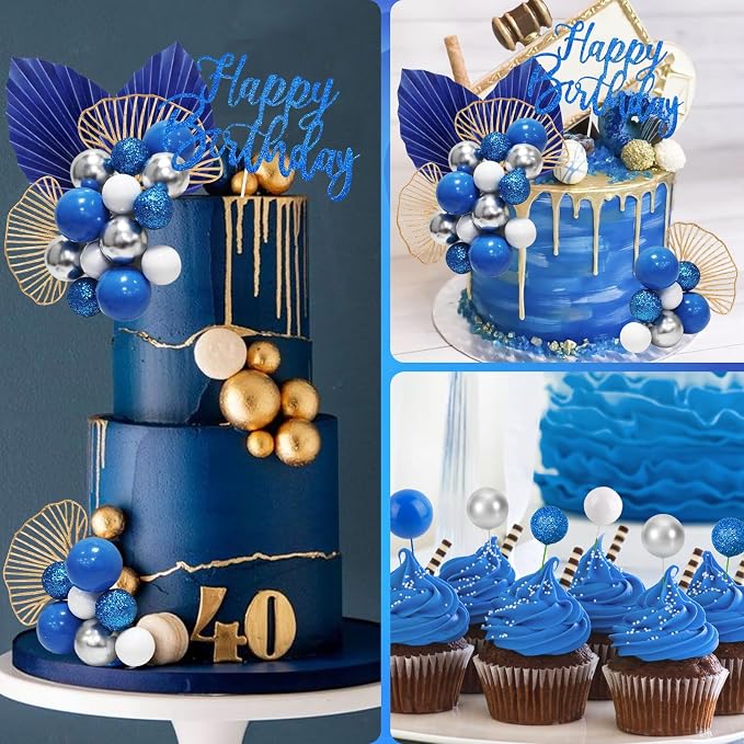 MEMOVAN Blue White Silver Ball Cake Toppers with Palm Leaves Foam Balls Cake Picks DIY Balloon Cake Insert Topper Blue Boho Cake Topper for Birthday Boho Wedding Baby Shower Anniversary Party