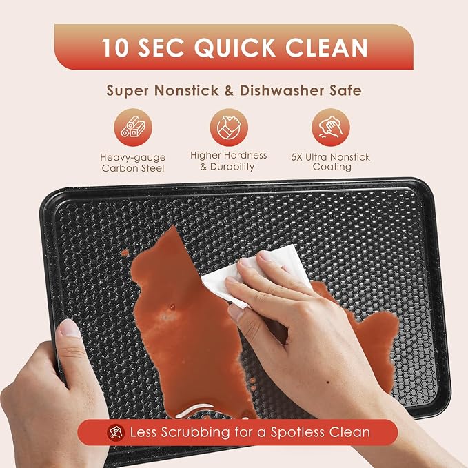 Baking Sheet Pan Set of 3, Nonstick Carbon Steel Cookie Sheets with Texture | Commercial Half/Quarter/Jelly Roll Pans Replacement Toaster Oven Tray, Heavy Duty & Easy Clean, Black