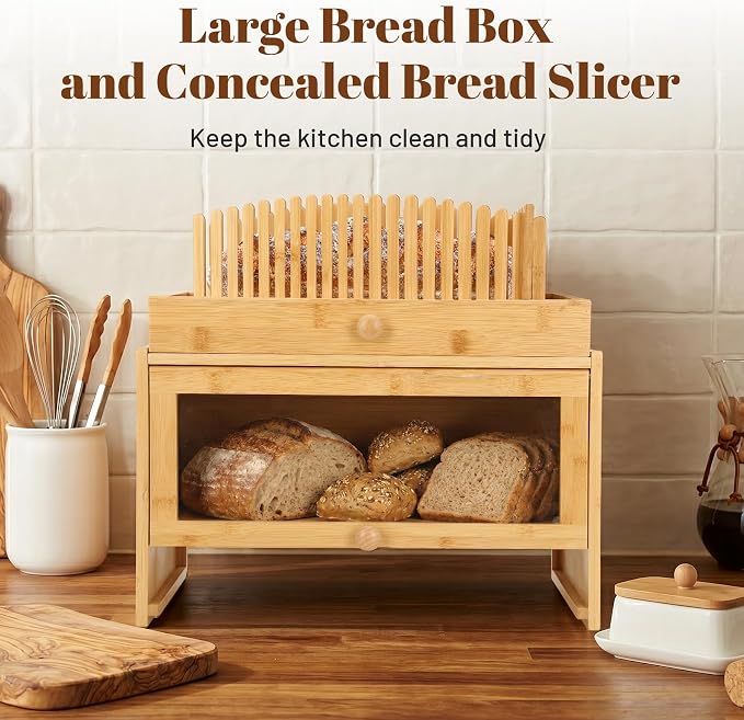 3 in 1 Bread Slicer with Bread Box and Bread Serving Tray, Bamboo Bread Slicer for Homemade Bread, Multifunctional Bread Storage Container for Slicer Storage and Bread Tray