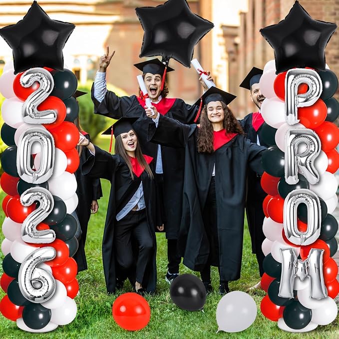 2 Sets Graduation Balloon Column Stand Kit with Balloons Prom Send off 2026 Grad Prom Themed Decoration Black Red Balloon Tower Stand for Floor Grad School & College Celebration Party Supplies