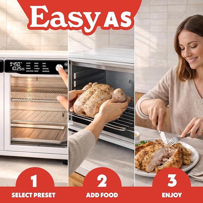 Gourmia French Door Air Fryer Oven - 37 Qt Large Capacity Convection Toaster Oven, FryForce 360°, Digital Display, 12 Cooking Presets, Dehydrate, Fits 13” Pizza, Dishwasher-Safe, White