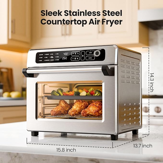 Kismile 25QT Air Fryer Toaster Oven, Countertop Convection Oven, 12 Preset Cooking Functions, Adjustable Temp 70-450°F, Toast, Bake, Broil, Reheat, Fits 12" Pizza, Full Accessory Set Included, Silver