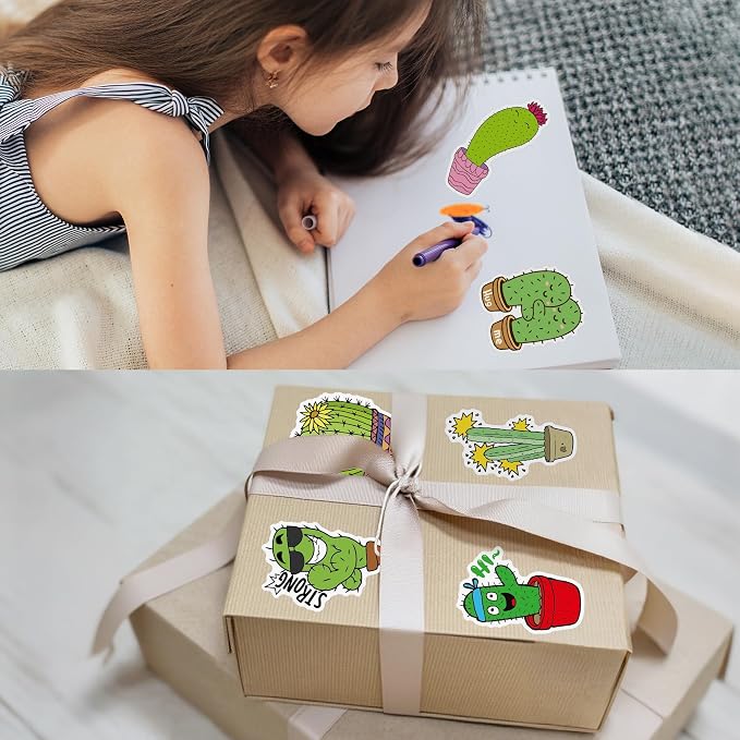 50 Pcs Green Cactus Stickers for Water Bottles, Waterproof Vinyl Cute Plant Stickers for Scrapbook Laptops, Green Decorative Decals for Kids Boys Girls Teens