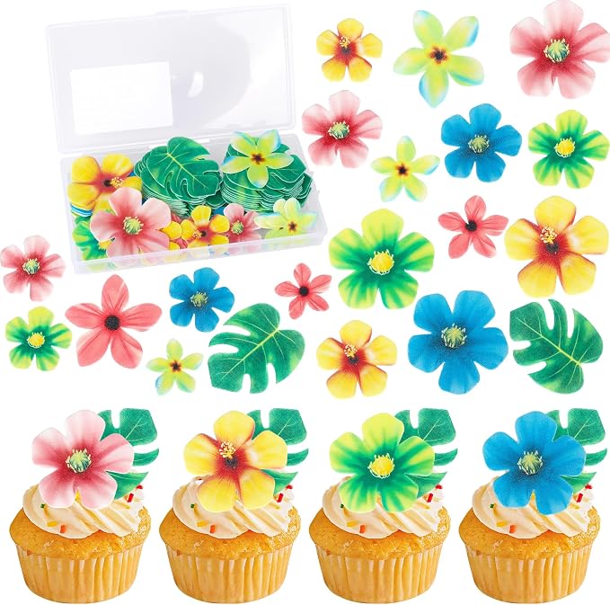 83 PCS Edible Tropical Palm Leaves and Hawaii Flowers Cupcake Toppers Edible Flowers Cupcake Picks Hawaii Theme Cake Decorations for Jungle Theme Birthday Party Wedding Cake Decoration Supplies