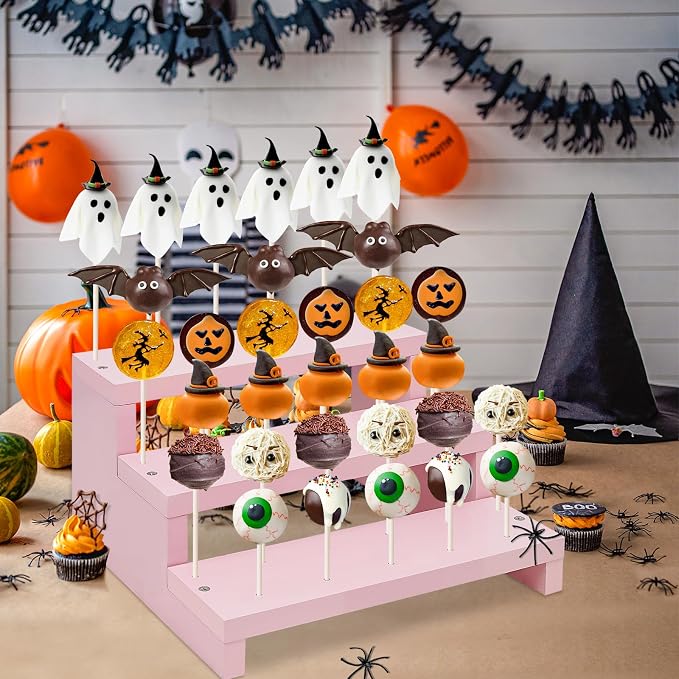 Wood Cake Pop Stands, 3 Tier Lollipop Holders with Twist Ties Lollipop Sticks, Sucker Display Riser for Dessert Table of Wedding Birthday Party (Pink-2P)