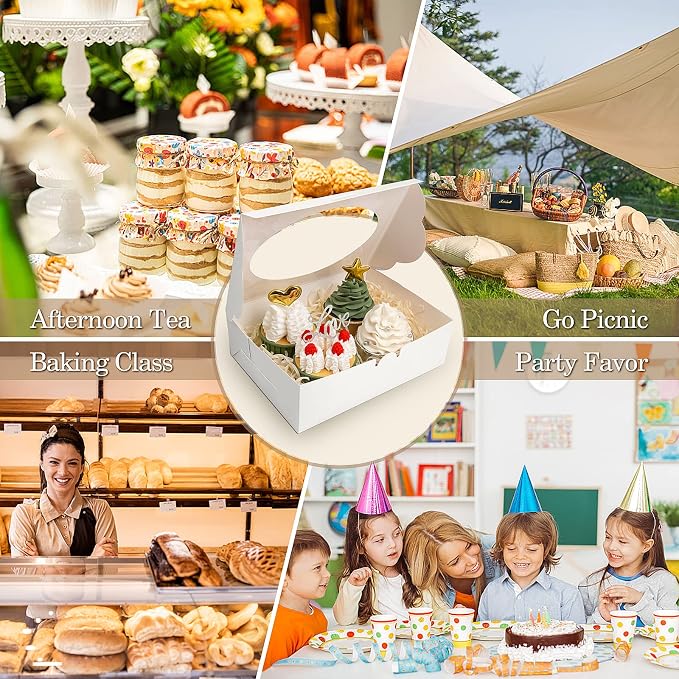 KPOSIYA 65 PCS 8x6x2.5 Inch Cookie Boxes with Window White Bakery Boxes Pastry Boxes for Gift Giving, Treat, Dessert, Cupcakes, Chocolate, Strawberries, Donuts, Muffins (5 Style Windows)
