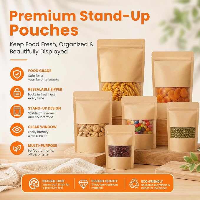 100 Pcs Kraft Paper Bags with Window, 6.7" x 9.4" Stand Up Pouches Bags, Food Storage Bags for Packaging Products, Reusable, Sealable