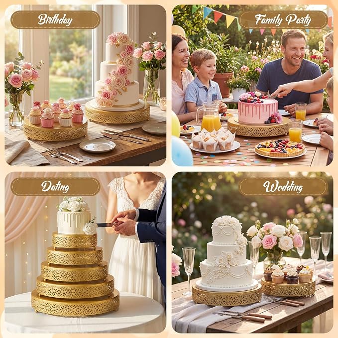 Wenqik 5 Pcs Metal Gold Cake Stand 16/14/12/10/8 Inch Round Cake Holder Display for Dessert Table Cookies Fruit Serving Tray Cupcake Pastry Riser for Wedding Birthday Party and Events
