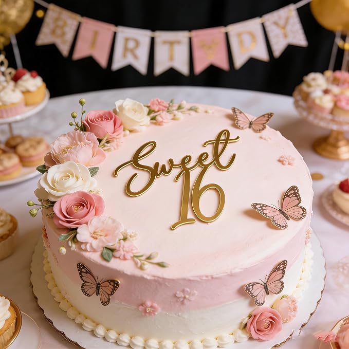 Sweet 16 Cake Topper, Gold Acrylic Finally 16 Cheers to 16 Years Cake Decoratio,16th Birthday Party Decoration,Sweet Sixteen Theme Party Decorations for Birthday Anniversary Wedding Party Cake Decor
