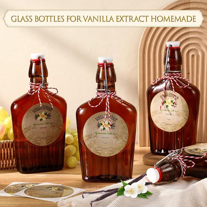 Uiifan 2 Pack 12 oz Vanilla Extract Bottles with Swing Top Flask Whiskey Pocket Amber Glass Flask for Homemade Vanilla Extract Lemon Kombucha Water Apply Christmas Wedding Gift (Amber)